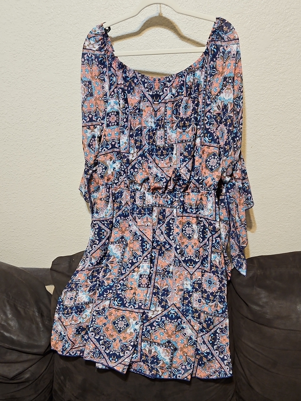 Floral Patchwork Midi Dress in Navy and Coral